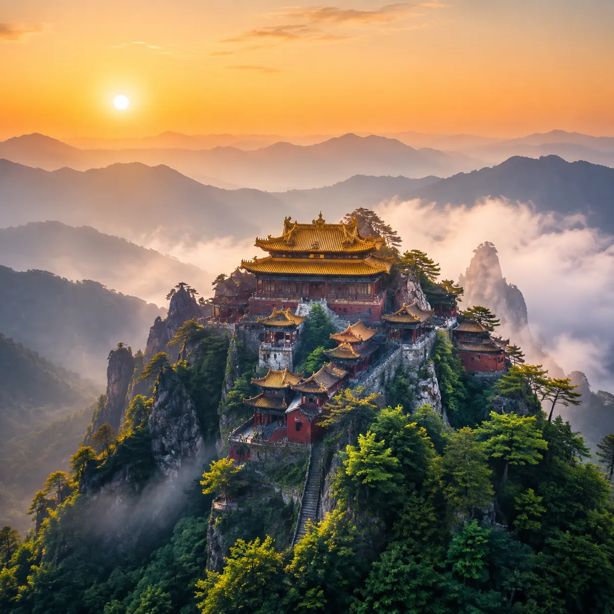 Wudang Mountain temple on a misty peak at dawn
